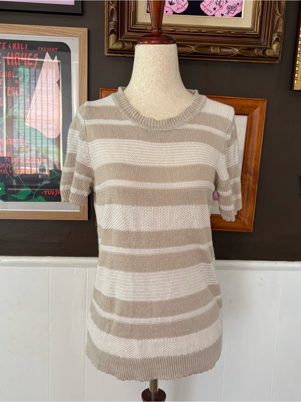 Banana Republic 100% Italian Linen Sweater Top S Taupe Ivory Striped Knit